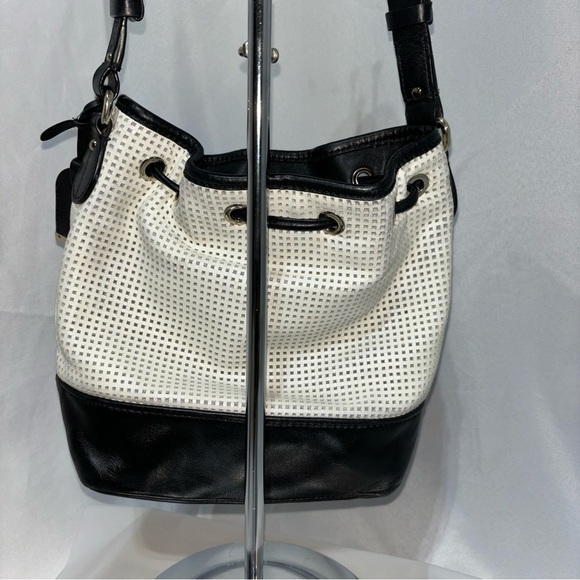 Cole Haan White Black Leather Perforated Bucket Bag - Picture 9 of 14